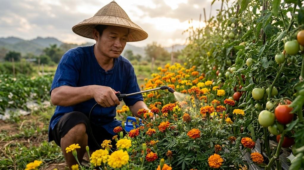ထောက်ချောက်ပင်မှာ လာကျသော ပိုးများကို ပိုးသတ်ဆေးဖြန်းနေပုံ